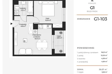 Rzut - Mieszkanie na sprzedaż 2 pokoje o powierzchni 39,57 m² - numer G1-103 w Piasta Park VI