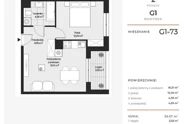 Rzut - Mieszkanie na sprzedaż 2 pokoje o powierzchni 39,57 m² - numer G1-73 w Piasta Park VI