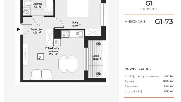 Rzut - Mieszkanie na sprzedaż 2 pokoje o powierzchni 39,57 m² - numer G1-73 w Piasta Park VI