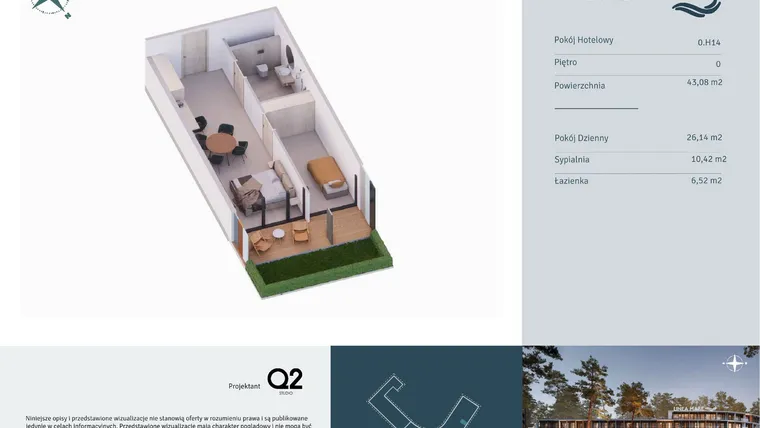 Rzut - Mieszkanie na sprzedaż 2 pokoje o powierzchni 42,63 m² - numer 0.H14 w Linea Mare - apartamenty inwestycyjne