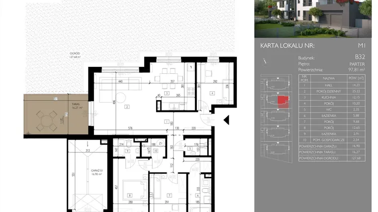 Rzut - Mieszkanie na sprzedaż 4 pokoje o powierzchni 97,81 m² - numer B32.M1 w Leśna Polana