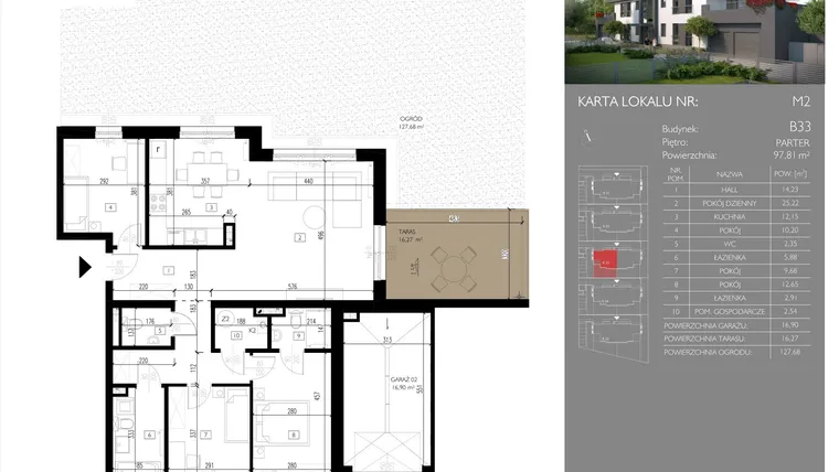 Rzut - Mieszkanie na sprzedaż 4 pokoje o powierzchni 97,81 m² - numer B33.M2 w Leśna Polana