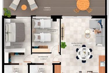 Rzut - Mieszkanie na sprzedaż 2 pokoje o powierzchni 73,57 m² - numer 2-B w Mieszkania w Finestrat - 71577609