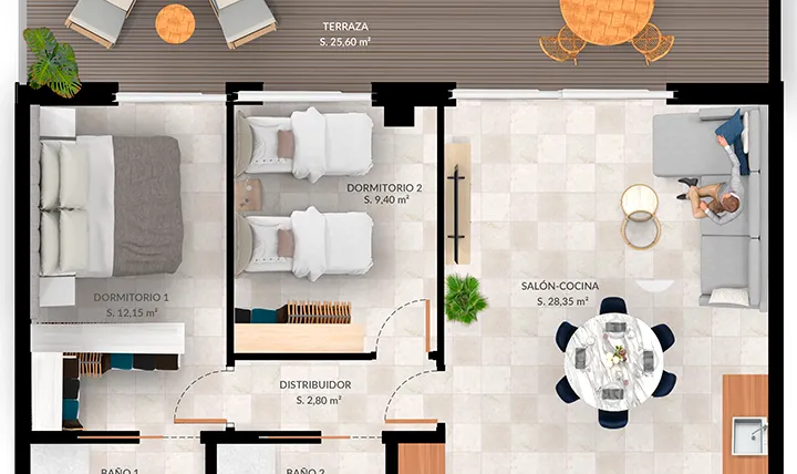 Rzut - Mieszkanie na sprzedaż 2 pokoje o powierzchni 73,57 m² - numer 2-B w Mieszkania w Finestrat - 71577609