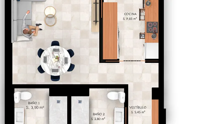 Rzut - Mieszkanie na sprzedaż 2 pokoje o powierzchni 88,75 m² - numer 1-C w Mieszkania w Finestrat - 71577609