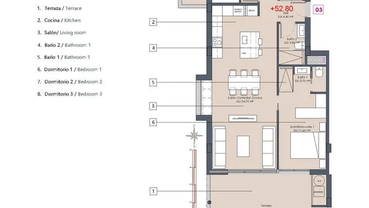Rzut - Mieszkanie na sprzedaż 3 pokoje o powierzchni 90 m² - numer 1-EA w Mieszkania w Benijófar - 55227804