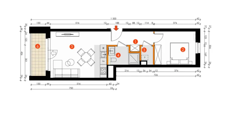 Rzut - Mieszkanie na sprzedaż 2 pokoje o powierzchni 44,13 m² - numer 8E-13 w Platanowy Park etap IV