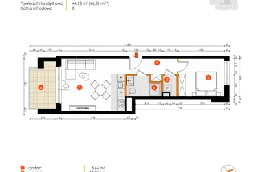 Rzut - Mieszkanie na sprzedaż 2 pokoje o powierzchni 44,13 m² - numer 8E-30 w Platanowy Park etap IV