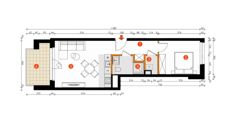 Rzut - Mieszkanie na sprzedaż 2 pokoje o powierzchni 44,13 m² - numer 8E-30 w Platanowy Park etap IV