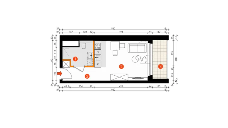 Rzut - Mieszkanie na sprzedaż 1 pokój o powierzchni 26,76 m² - numer 8E-140 w Platanowy Park etap IV
