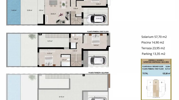 Rzut - Dom na sprzedaż 3 pokoje o powierzchni 122,8 m² - numer 2 w Domy szeregowe w San Javier - 36609957