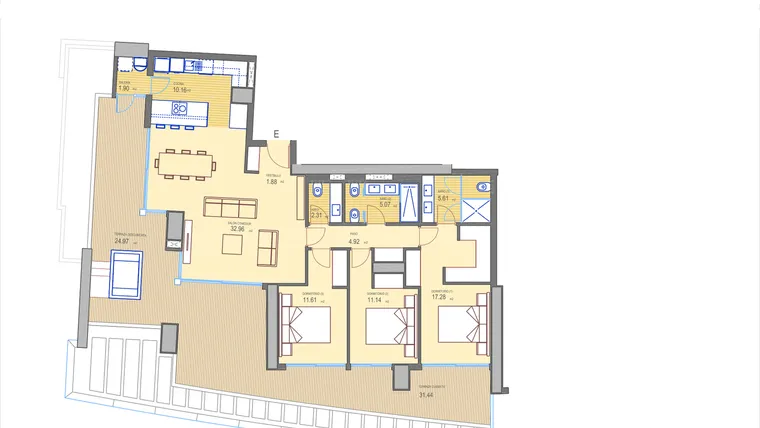 Rzut - Mieszkanie na sprzedaż 3 pokoje o powierzchni 160,95 m² - numer 34-E w Mieszkania w Benidorm - 35824689