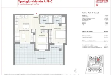 Rzut - Mieszkanie na sprzedaż 2 pokoje o powierzchni 58,39 m² - numer 0-C w Mieszkania w Denii - 47388119