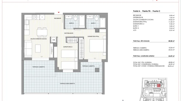 Rzut - Mieszkanie na sprzedaż 2 pokoje o powierzchni 58,39 m² - numer 0-C w Mieszkania w Denii - 47388119