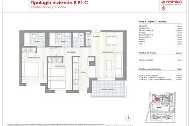 Rzut - Mieszkanie na sprzedaż 2 pokoje o powierzchni 71,96 m² - numer 1-C w Mieszkania w Denii - 47388119