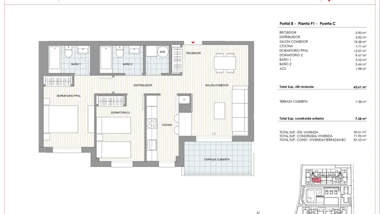 Rzut - Mieszkanie na sprzedaż 2 pokoje o powierzchni 71,96 m² - numer 1-C w Mieszkania w Denii - 47388119
