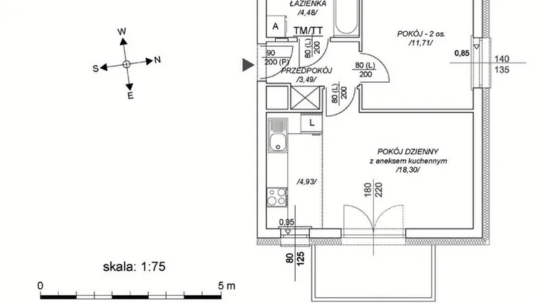 Rzut - Mieszkanie na sprzedaż 2 pokoje o powierzchni 37,98 m² - numer M43 w Osiedle Mała Dziesiąta etap II