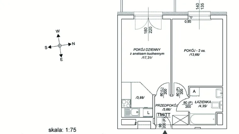 Rzut - Mieszkanie na sprzedaż 2 pokoje o powierzchni 38,98 m² - numer M69 w Osiedle Mała Dziesiąta etap II