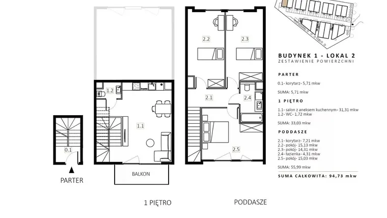 Rzut - Mieszkanie na sprzedaż 4 pokoje o powierzchni 96,1 m² - numer B1/M2 w Wille Estezja