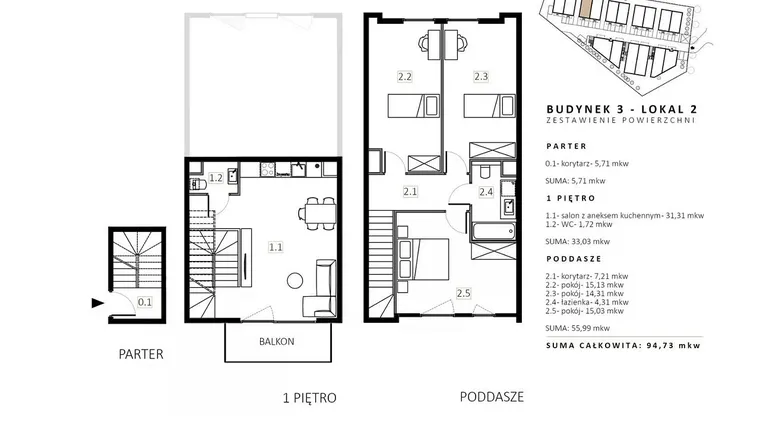 Rzut - Mieszkanie na sprzedaż 3 pokoje o powierzchni 96,1 m² - numer B3/M2 w Wille Estezja