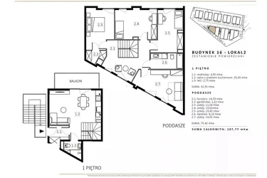 Rzut - Mieszkanie na sprzedaż 3 pokoje o powierzchni 107,77 m² - numer B16/M2 w Wille Estezja
