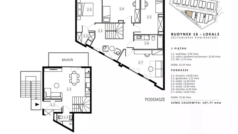 Rzut - Mieszkanie na sprzedaż 3 pokoje o powierzchni 107,77 m² - numer B16/M2 w Wille Estezja