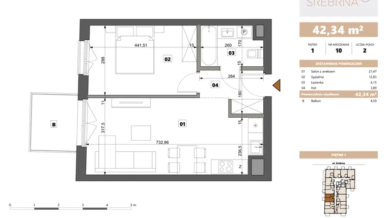 Rzut - Mieszkanie na sprzedaż 2 pokoje o powierzchni 42,34 m² - numer 10 w Srebrna 5