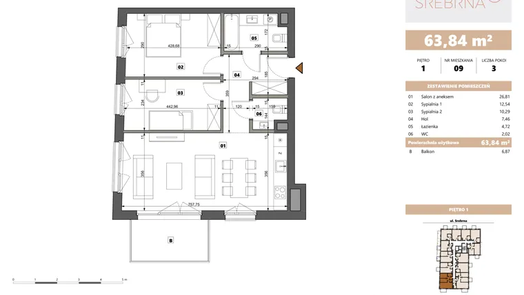 Rzut - Mieszkanie na sprzedaż 3 pokoje o powierzchni 63,84 m² - numer 9 w Srebrna 5