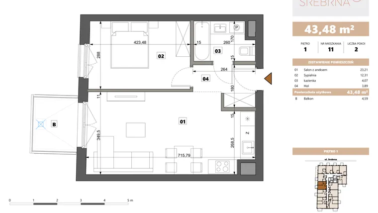 Rzut - Mieszkanie na sprzedaż 2 pokoje o powierzchni 43,48 m² - numer 11 w Srebrna 5