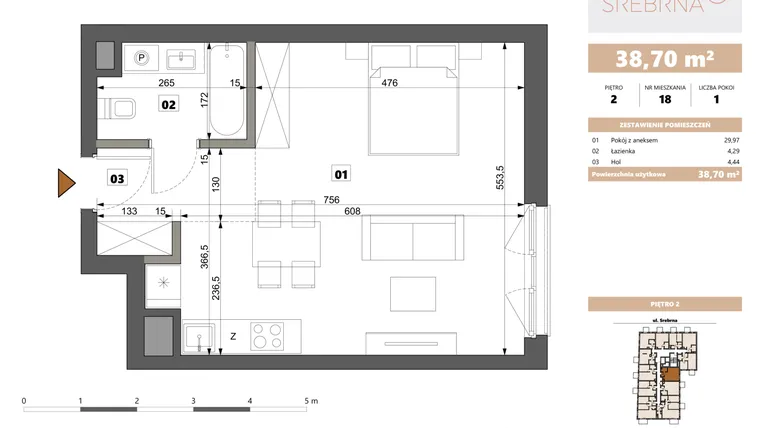 Rzut - Mieszkanie na sprzedaż 1 pokój o powierzchni 38,7 m² - numer 18 w Srebrna 5