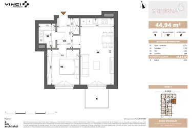 Rzut - Mieszkanie na sprzedaż 2 pokoje o powierzchni 44,94 m² - numer 17 w Srebrna 5