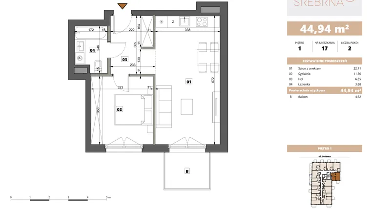 Rzut - Mieszkanie na sprzedaż 2 pokoje o powierzchni 44,94 m² - numer 17 w Srebrna 5