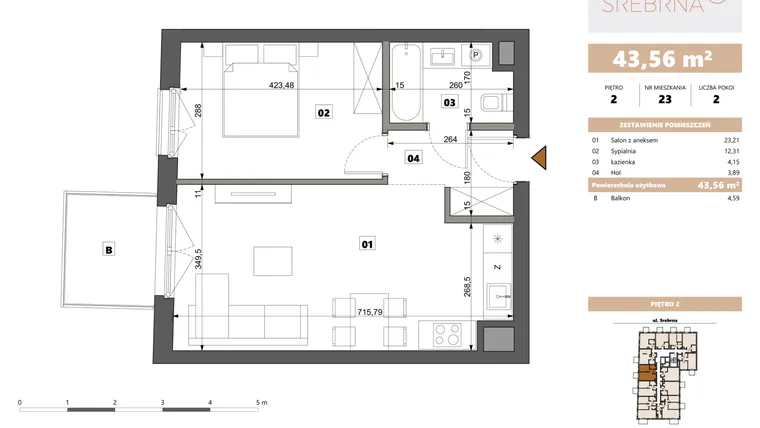 Rzut - Mieszkanie na sprzedaż 2 pokoje o powierzchni 43,56 m² - numer 23 w Srebrna 5