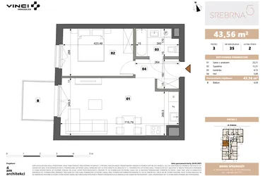 Rzut - Mieszkanie na sprzedaż 2 pokoje o powierzchni 43,56 m² - numer 35 w Srebrna 5