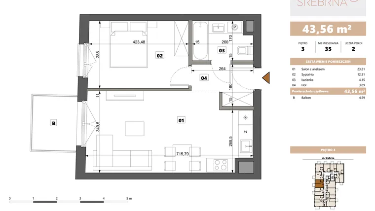 Rzut - Mieszkanie na sprzedaż 2 pokoje o powierzchni 43,56 m² - numer 35 w Srebrna 5