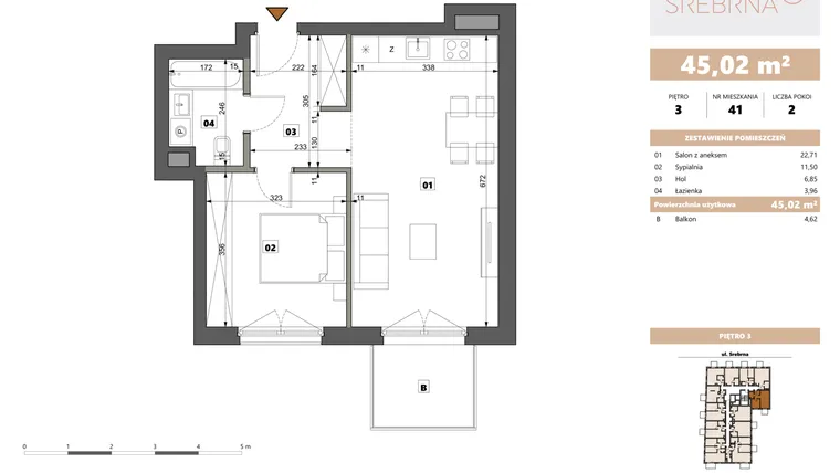 Rzut - Mieszkanie na sprzedaż 2 pokoje o powierzchni 45,02 m² - numer 41 w Srebrna 5