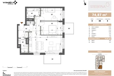 Rzut - Mieszkanie na sprzedaż 3 pokoje o powierzchni 74,87 m² - numer 44 w Srebrna 5