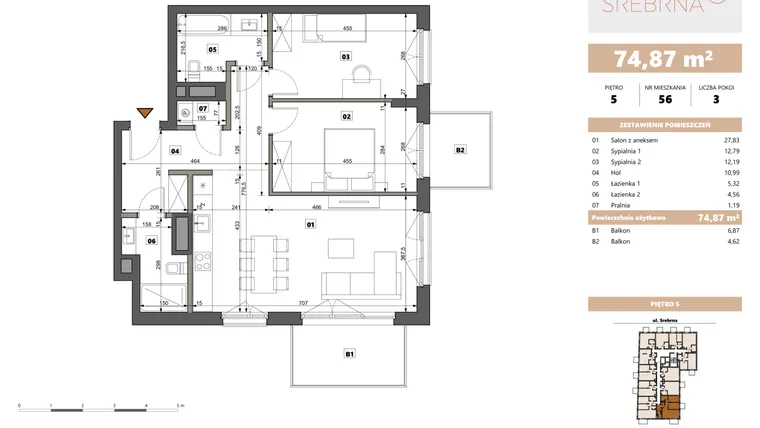 Rzut - Mieszkanie na sprzedaż 3 pokoje o powierzchni 74,87 m² - numer 56 w Srebrna 5