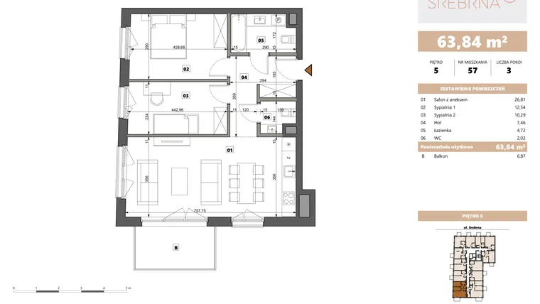 Rzut - Mieszkanie na sprzedaż 3 pokoje o powierzchni 63,84 m² - numer 57 w Srebrna 5