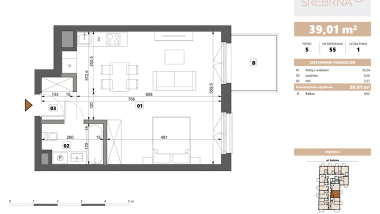 Rzut - Mieszkanie na sprzedaż 1 pokój o powierzchni 39,01 m² - numer 55 w Srebrna 5