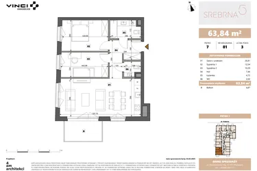 Rzut - Mieszkanie na sprzedaż 3 pokoje o powierzchni 63,84 m² - numer 81 w Srebrna 5