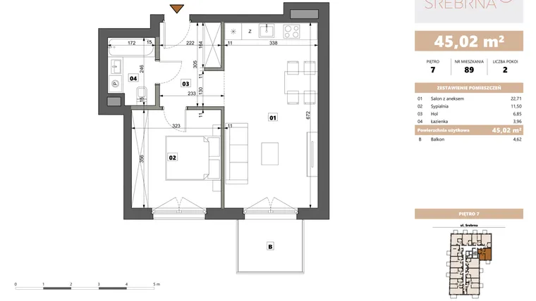 Rzut - Mieszkanie na sprzedaż 2 pokoje o powierzchni 45,02 m² - numer 89 w Srebrna 5