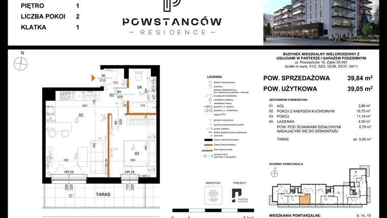 Rzut - Mieszkanie na sprzedaż 2 pokoje o powierzchni 40,23 m² - numer 4 w Powstańców Residence