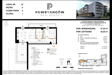 Rzut - Mieszkanie na sprzedaż 2 pokoje o powierzchni 46,21 m² - numer 16 w Powstańców Residence
