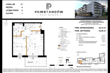 Rzut - Mieszkanie na sprzedaż 2 pokoje o powierzchni 46,09 m² - numer 17 w Powstańców Residence