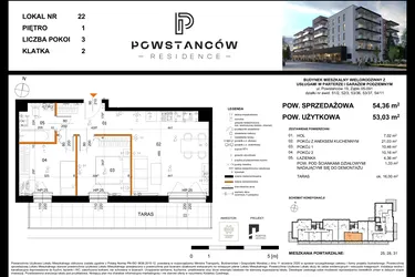 Rzut - Mieszkanie na sprzedaż 3 pokoje o powierzchni 53,04 m² - numer 22 w Powstańców Residence