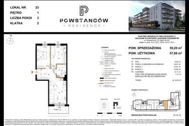 Rzut - Mieszkanie na sprzedaż 3 pokoje o powierzchni 57,82 m² - numer 23 w Powstańców Residence