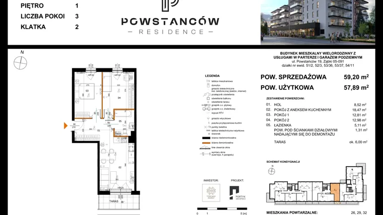Rzut - Mieszkanie na sprzedaż 3 pokoje o powierzchni 57,82 m² - numer 23 w Powstańców Residence