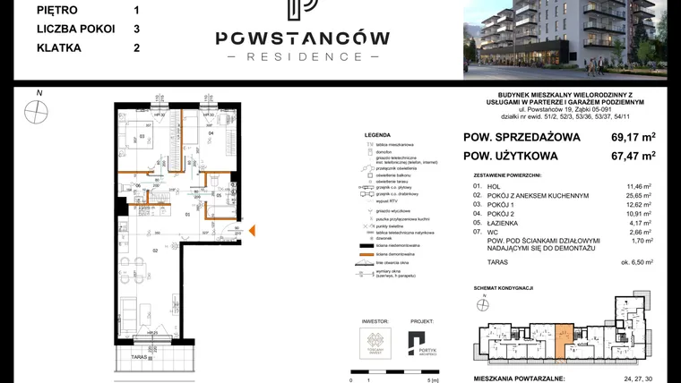 Rzut - Mieszkanie na sprzedaż 3 pokoje o powierzchni 67,47 m² - numer 21 w Powstańców Residence