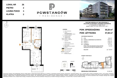 Rzut - Mieszkanie na sprzedaż 3 pokoje o powierzchni 57,9 m² - numer 26 w Powstańców Residence